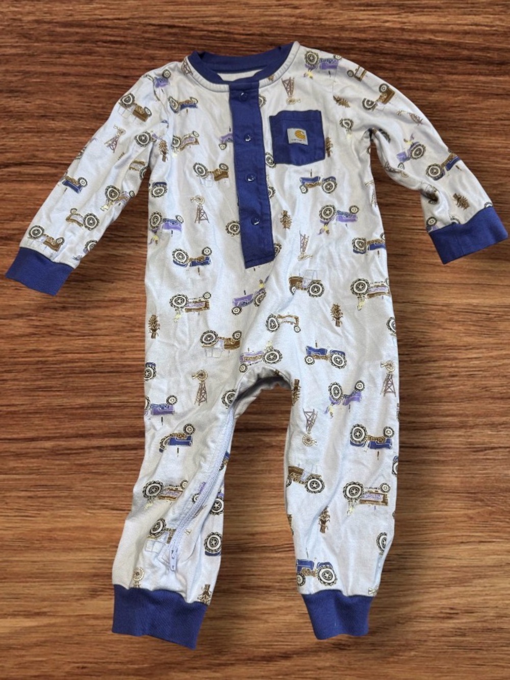 EUC Carhartt Infant Girl tractor Romper SZ 12 M light purple